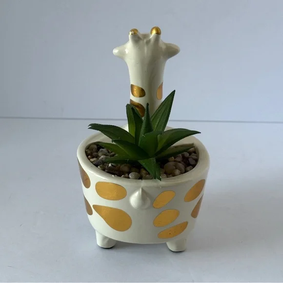 Gold Spotted Ivory Ceramic Giraffe Faux Succulent Planter Decor - Picture 3 of 8